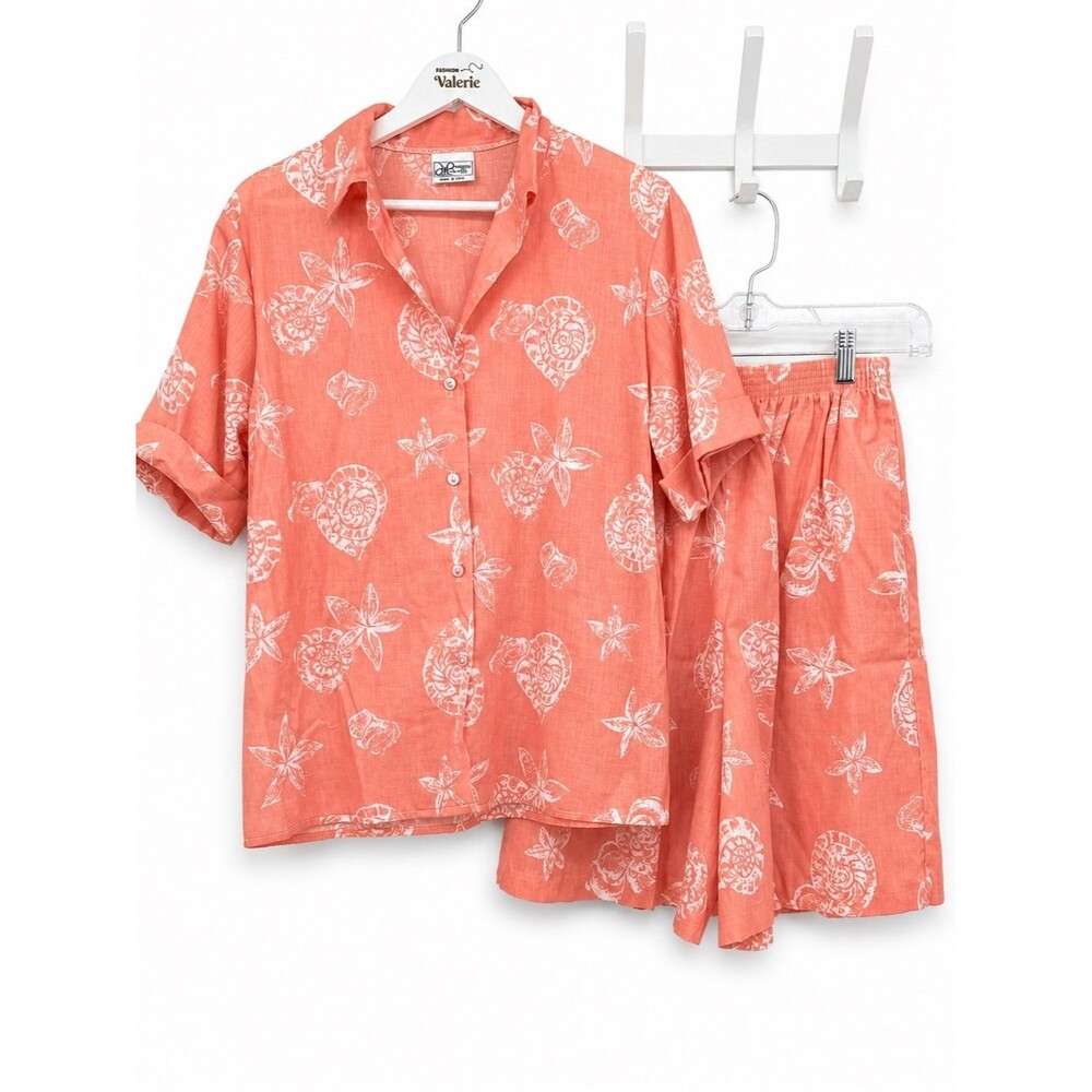 Vintage Seashell Top & Short Set Lounge Coastal Coral Size Small USA